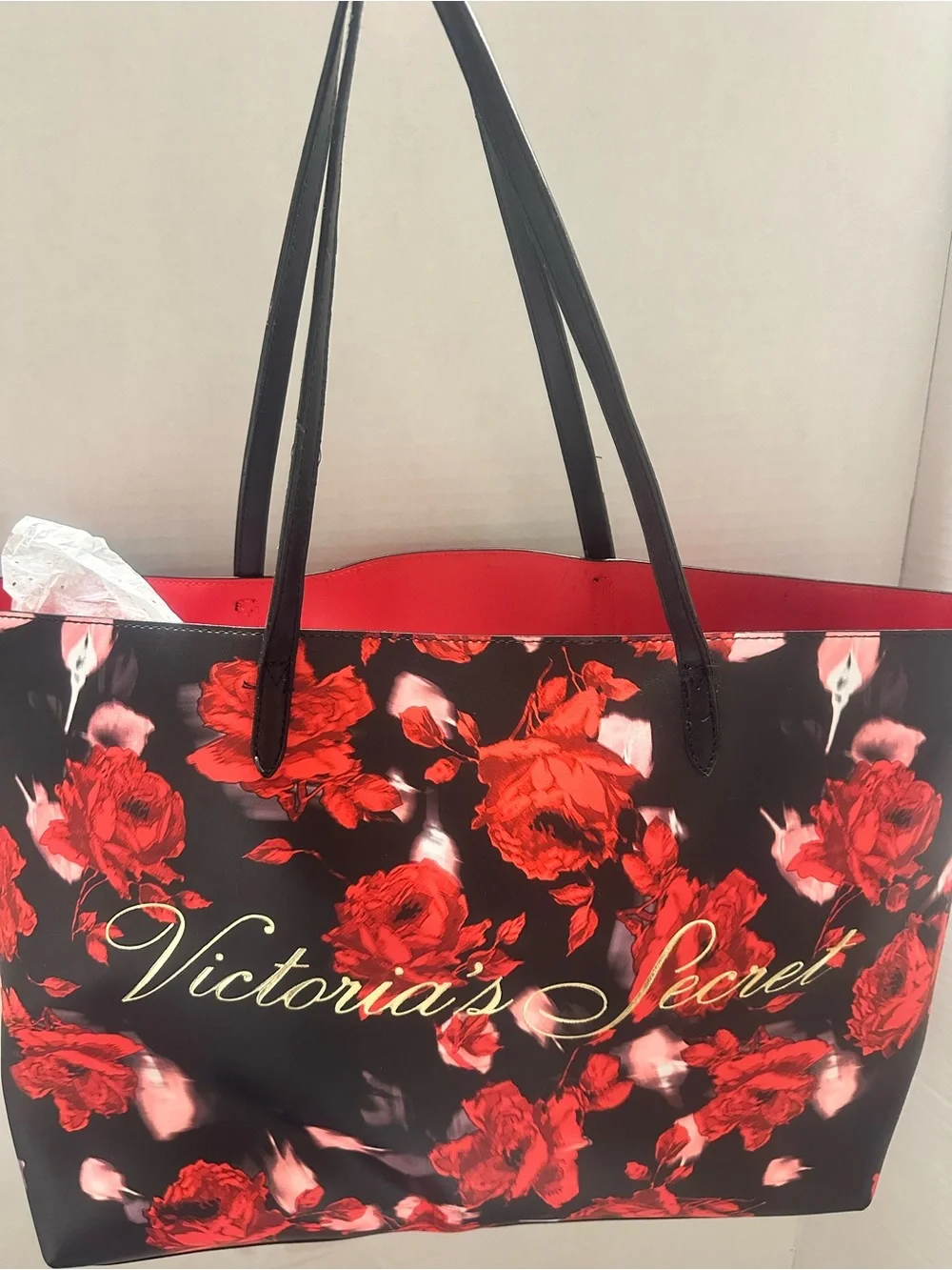 Women's Black Tote Bag with Red Floral Print